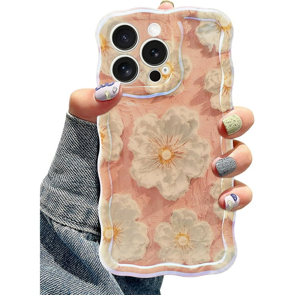 Case for iPhone 11 Pro Max, Colorful Retro Oil Painting Flower Laser Glossy Cute Curly Wave Edge Case Soft TPU Protective Phone Cover for Girly and Women - Flower/Pink