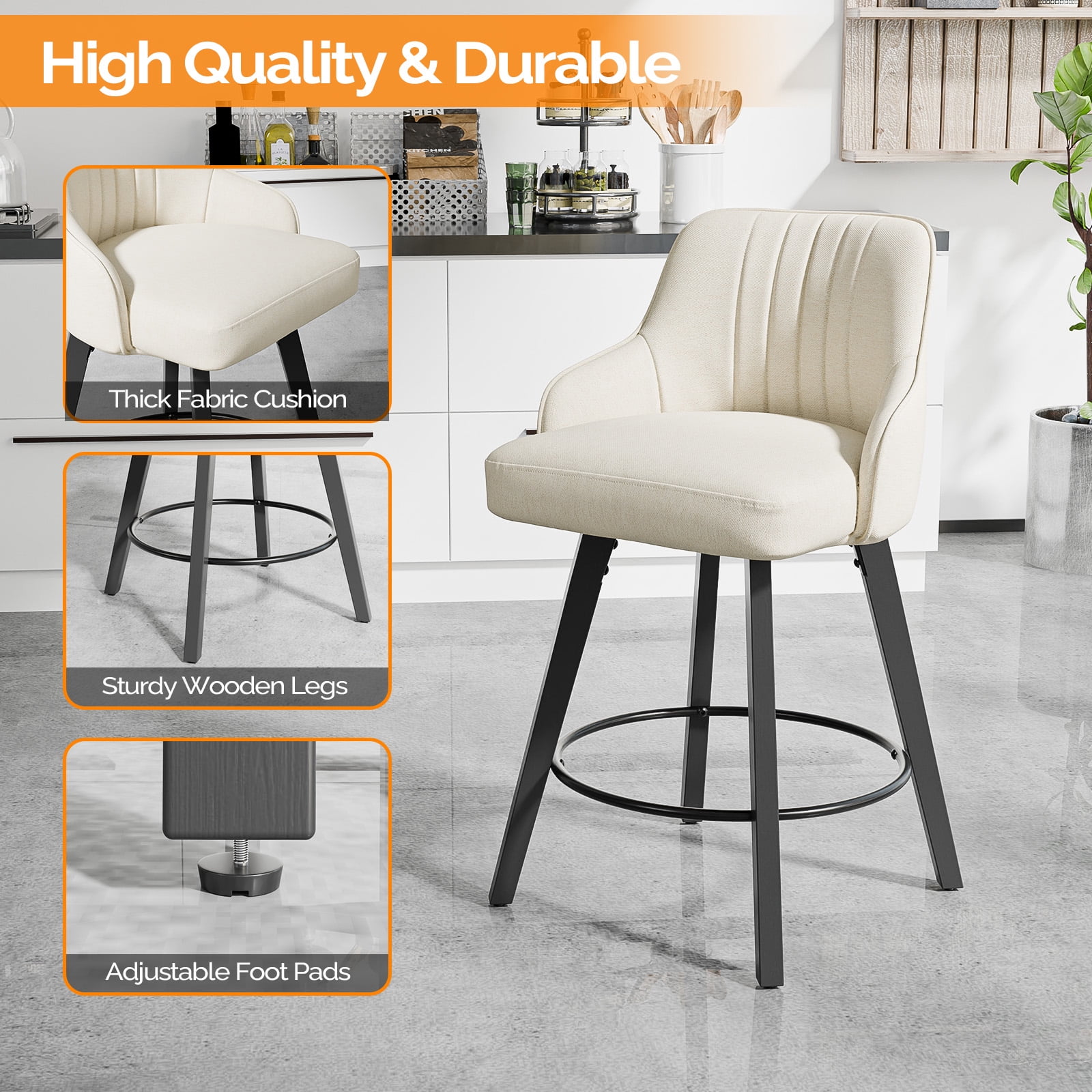 Ktaxon Swivel Bar Stools, 35" Counter Height Adjustable Fabric Bar Stools for Kitchen Island, Modern Beige, 1 PCS