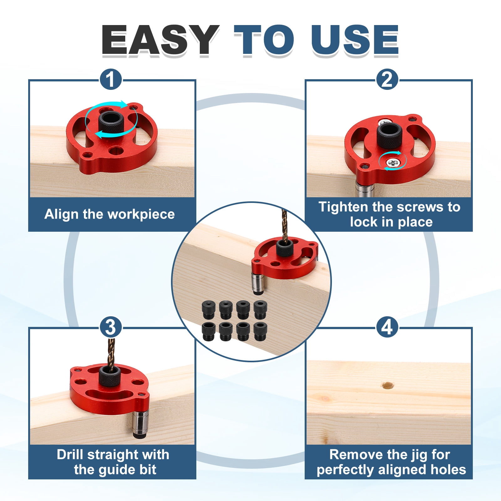 Uxcell Self Centering Doweling Jig Kit Straight Holes Puncher Dowel Jig Locator with Drill Bushings Woodworking Joints Tool for Precise Straight Holes, Red
