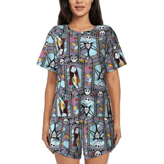 Lsque The Nightmare Before Christmas Women's Short-Sleeved Pajama Set - 2 Piece Soft and Lightweight Sleepwear Set-