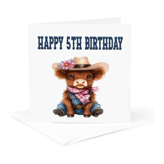 3drose, Cute Cowgirl Highland Cow Happy 5th Birthday, 1 Greeting Card with Envelope