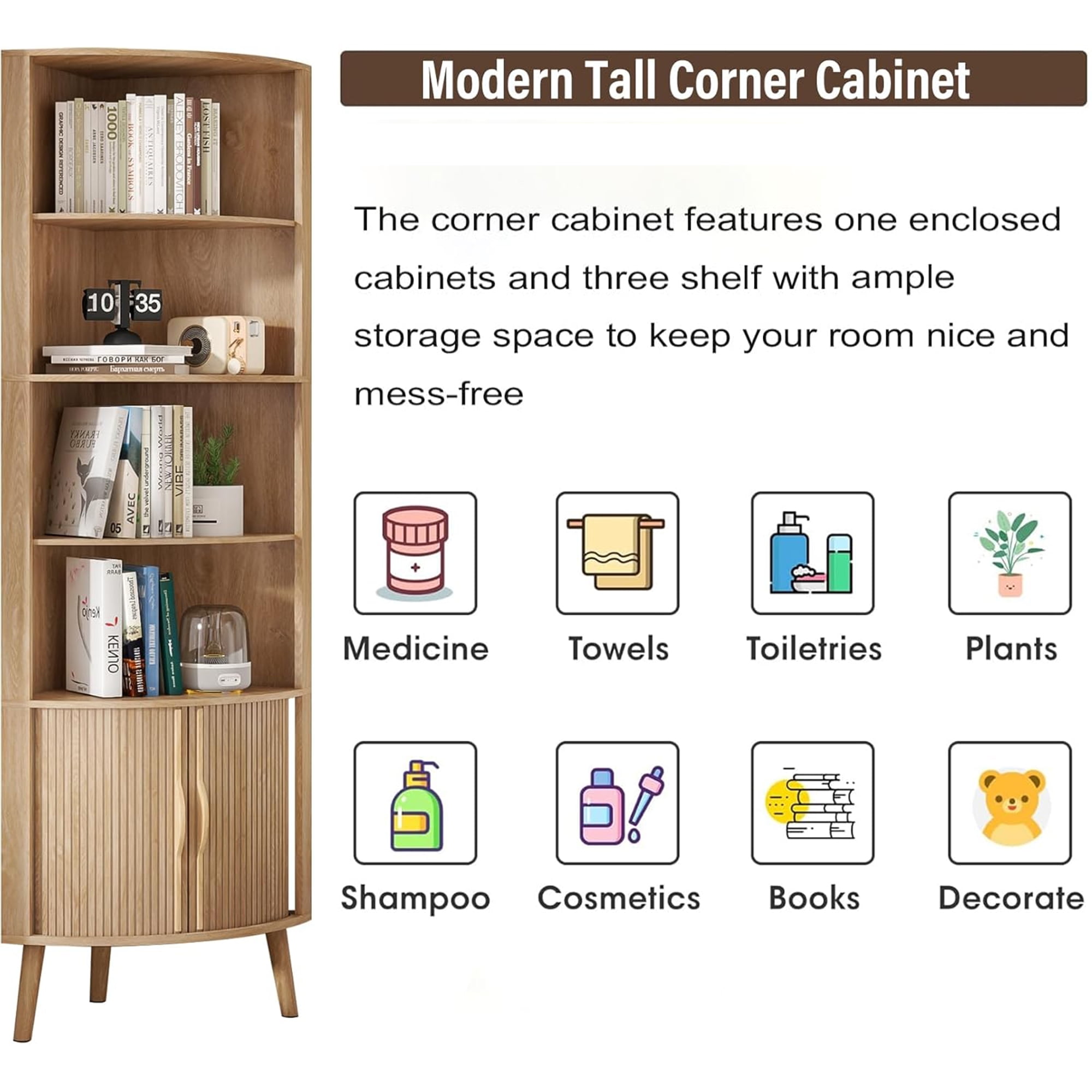 Bathroom Floor Corner Cabinet with Doors, Freestanding Narrow Storage Cabinets for Living Room, Kitchen, Walnut Color