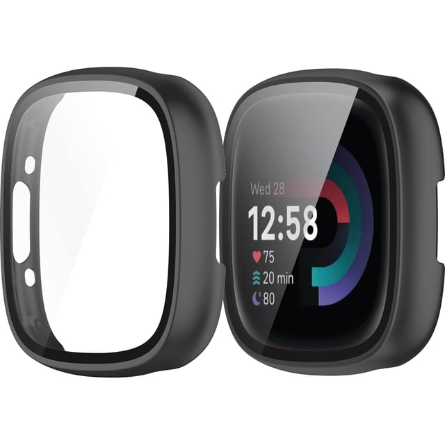 Funda compatible con Fitbit Versa 4/Sense 2 Protector de pantalla de vidrio templado All-Around Hard PC Smartwatch Accesorio Fundas protectoras para 2, negro+azul oscuro+verde