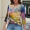 thumbnail image 4 of Wutalume 3/4 Sleeve Tops for Women, Classic Retro Casual Top Breathable and Soft for Daily Errands, Coffee Dates and Easy Care,Blue S, 4 of 5