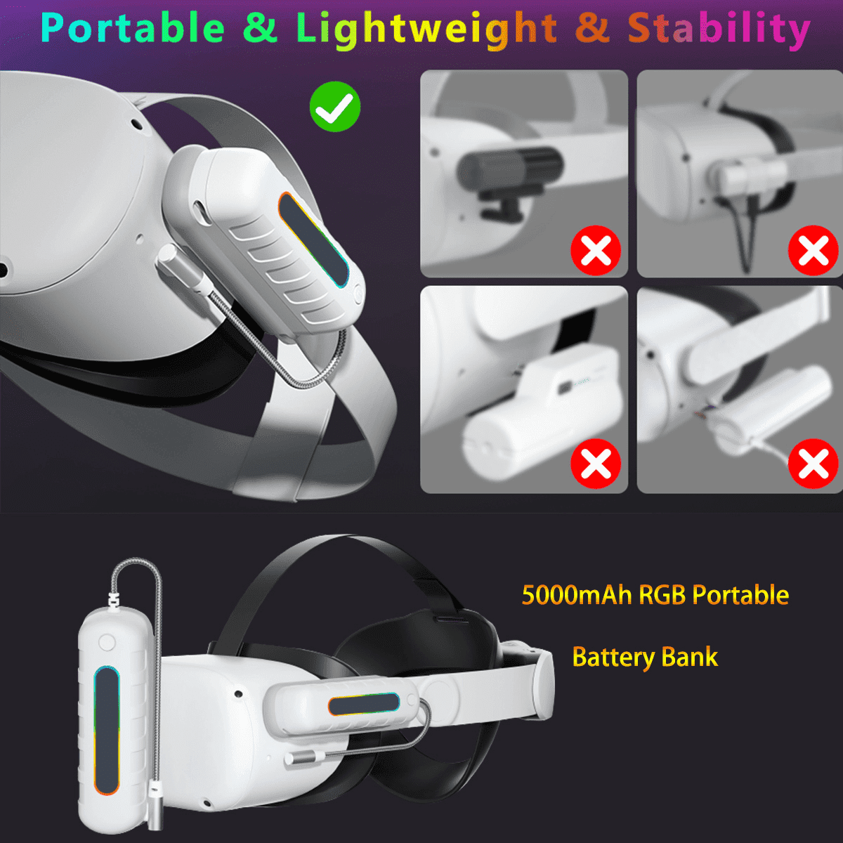 Battery Pack for Oculus Quest 2/3/3S, RGB Light 5000mah Battery Pack For Meta Quest 2/Quest 3/Quest 3S,VR Mini Power Bank,High Speed VR Extend Battery Accessories Extra 2H-4H Playtime