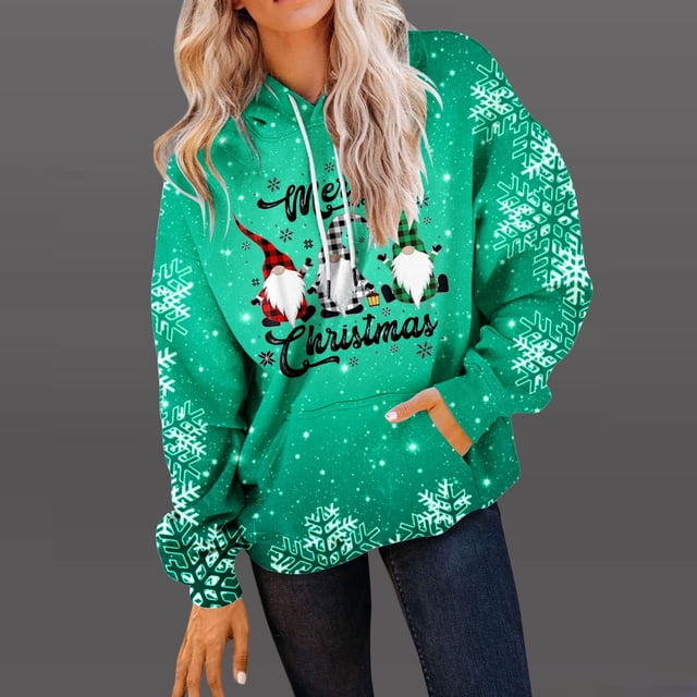 Qertyioot Pull d'Hiver Mode Femme Imprimé de Noël, Manches Longues Col Rond Chaud Ample Tendance Hauts Tricotés