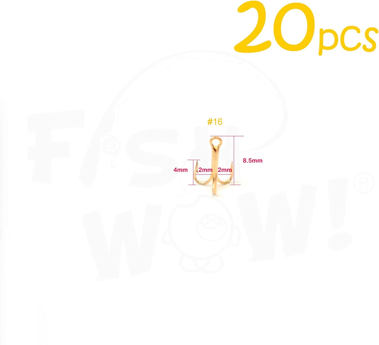20pcs Fish WOW!® Fishing 3X Strong Treble Hooks Gold - Size #16 Tiny Size