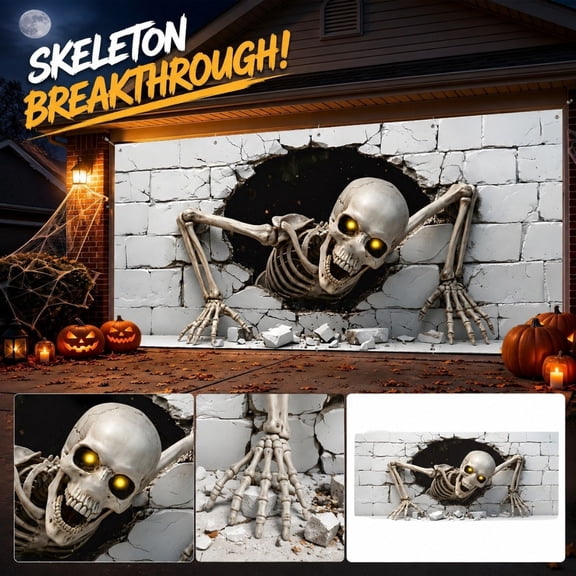 Halloween Garage Door Cover with 3D Skeleton Breaking Out of Wall, 16X7 Ft, Brick Print for Outdoor Party, Decoration