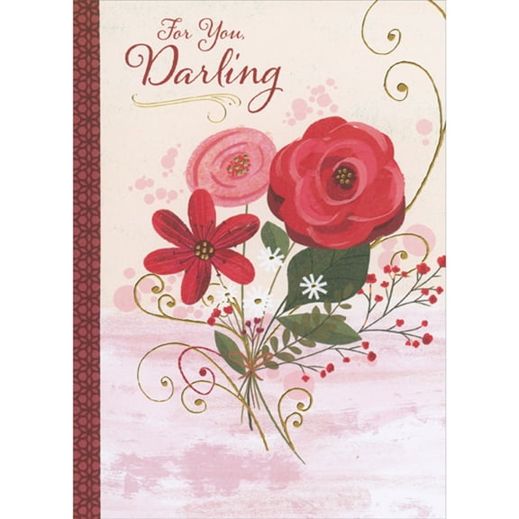 Designer Greetings Three Red and Pink Flowers with Gold Foil Swirling Stems Sweetest Day Card for Darling