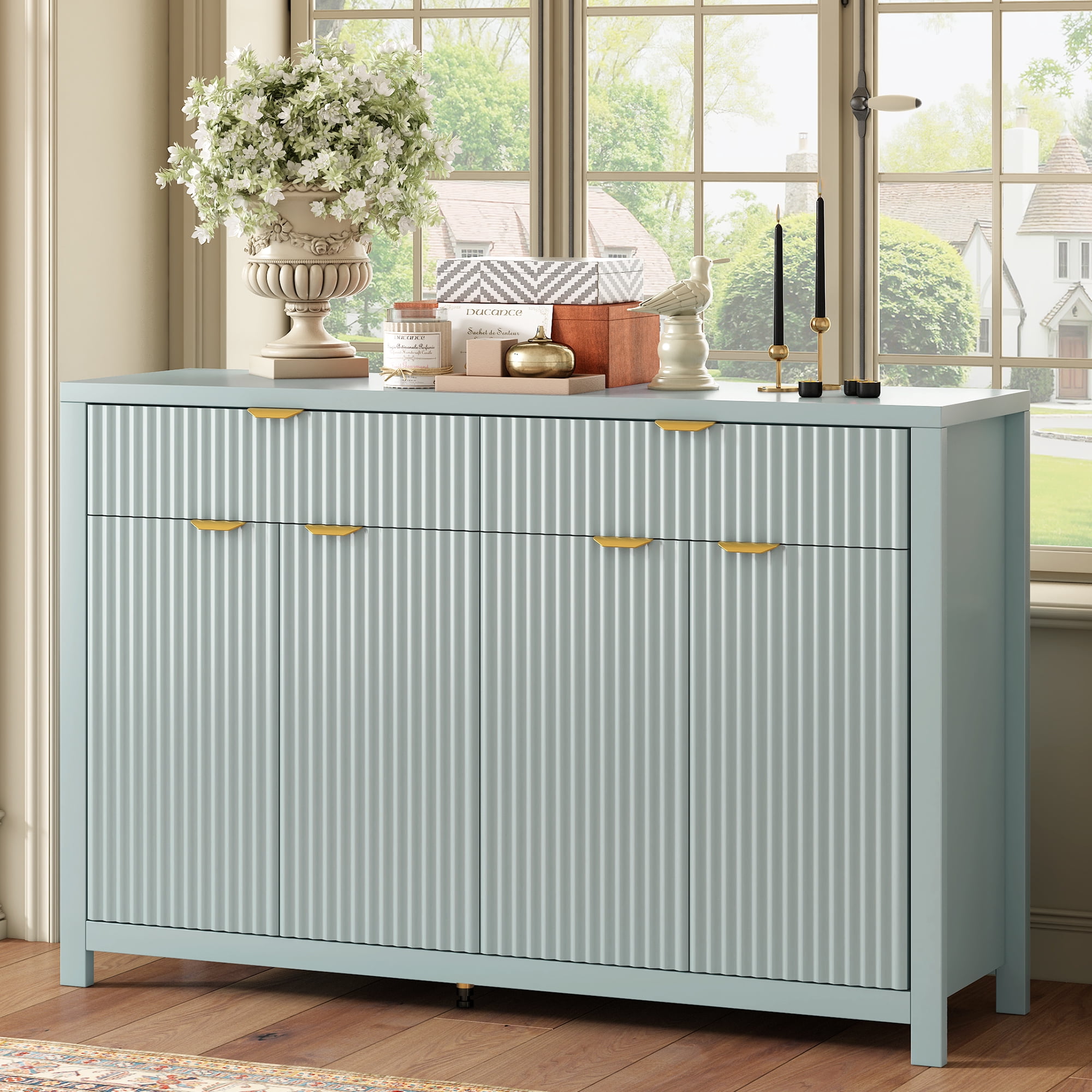 Euroco Sideboard Buffet Cabinet with 2 Drawers,55" Large Storage Cabinet with Adjustable Shelves and 4 Doors,Wood Coffee Bar Cabinet for Dining Room,Living Room,Hallway,Cyan