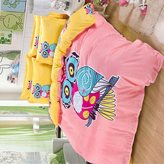 Kids Zone 4 Piece Full Sheet Set for Grils//Teens Multi-Color Owls Aqua Pink Purple Singing Owl Hearts Flower Leaves New