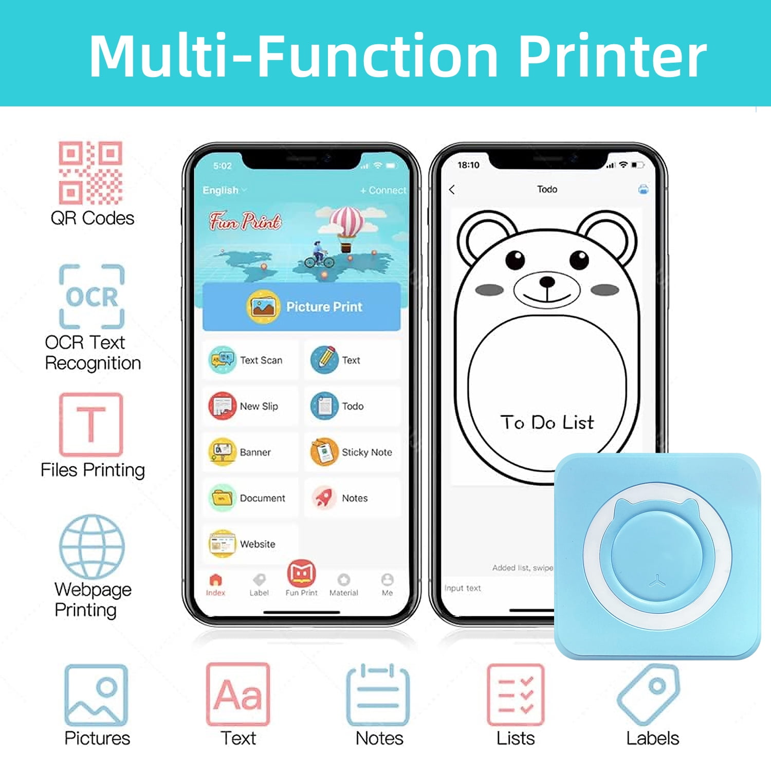 Pocket Thermal Printer,Bluetooth Portable Mini Printer for Photo/Label/Text Printing, OCR Scanner, Study Buddy & Kids Gift / DIY Stickers（Black）