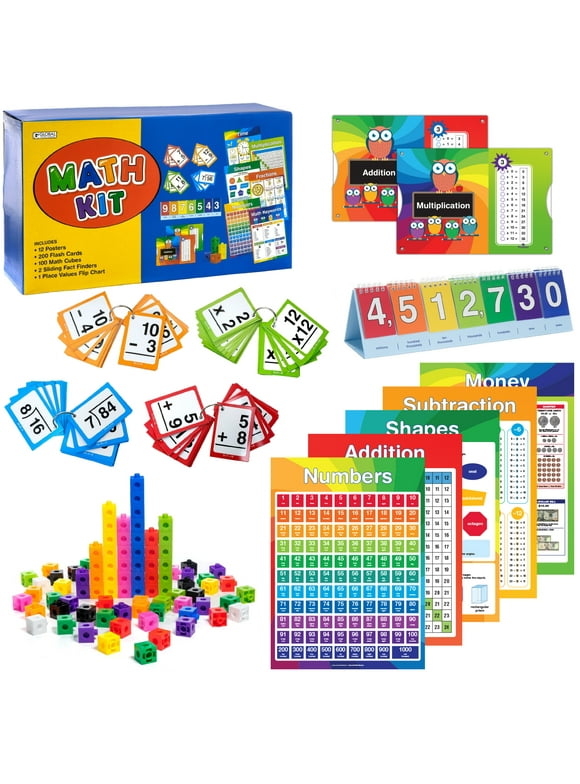 Educational Math Kit - 315 Piece Set Includes Educational posters, flash cards, math cubes, flip chart, and sliding fact finders