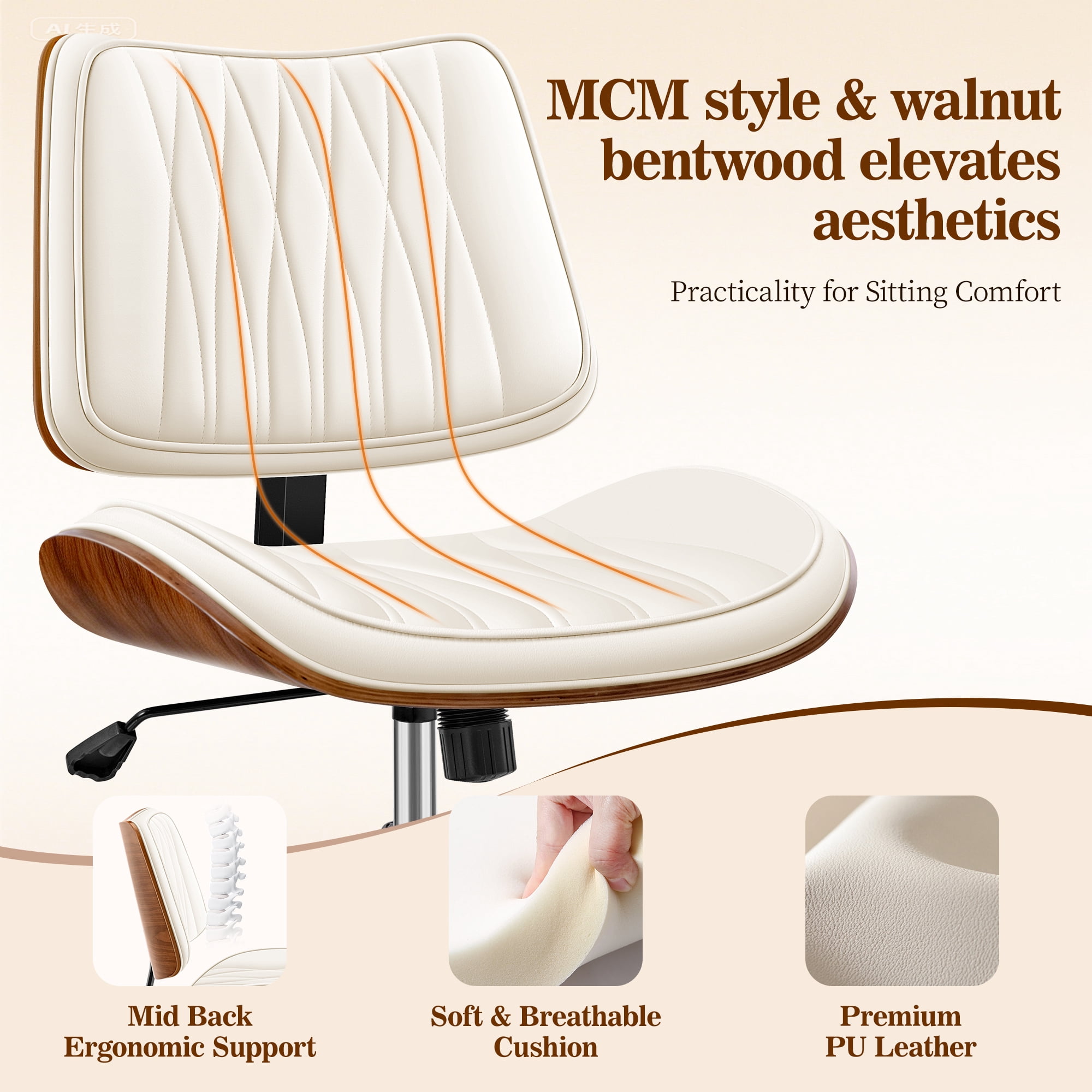 COOLHUT Home Office Chair, Armless Adjustable Height Small Office Desk Chair, PU Leather Swivel Computer Chair, Modern Walnut Bentwood Chair for Office, Reading, Makeup Vanity, Creamy White