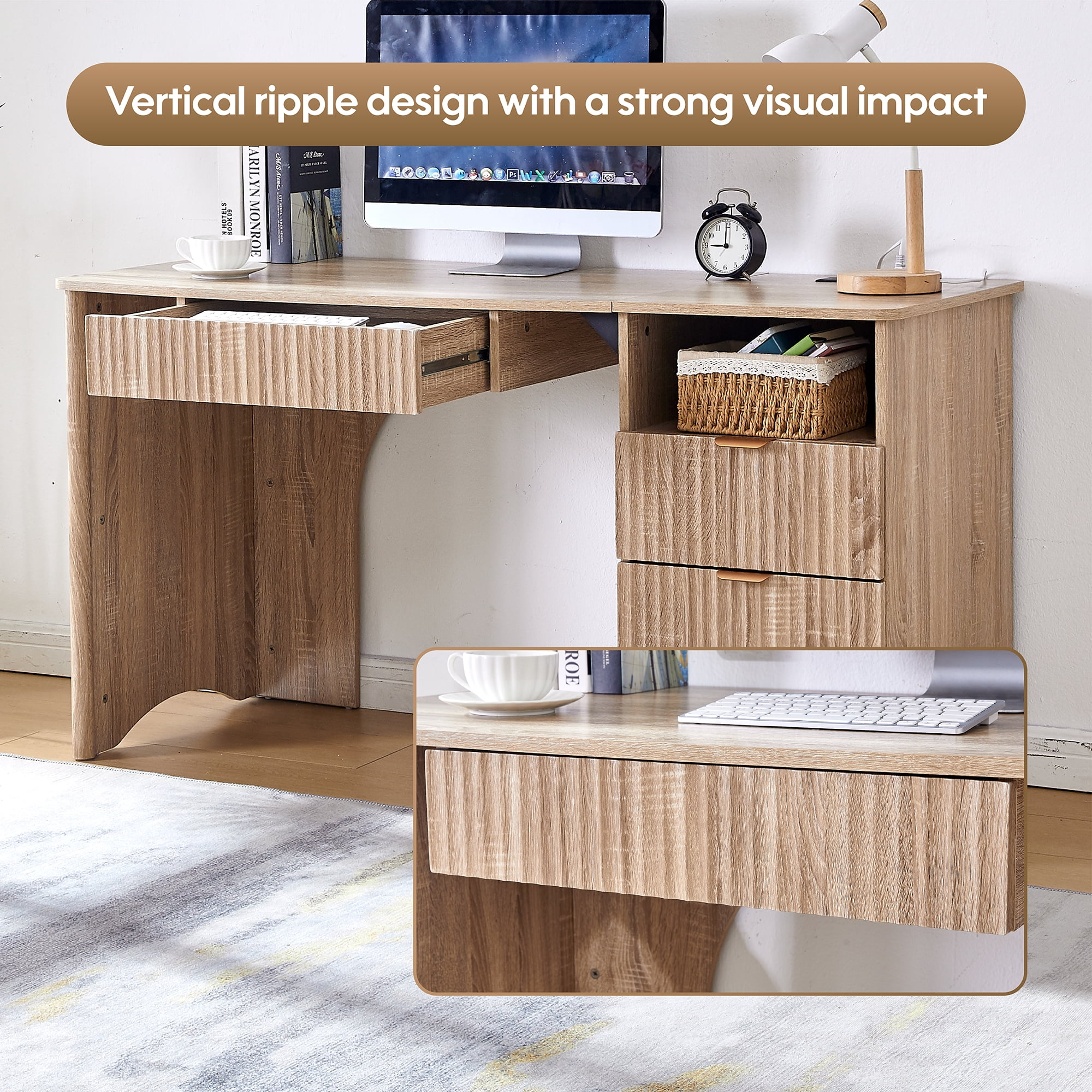 Haooyeah 55 Inch Natural Computer Desk with Charging Station, Adjustable File Cabinet, Open Storage, Vertical Fluted 2-in-1 Keyboard Tray Drawer