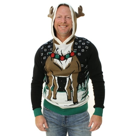 Ugly Christmas Sweater Men's Reindeer Hooded Light Up Pullover Sweatshirt