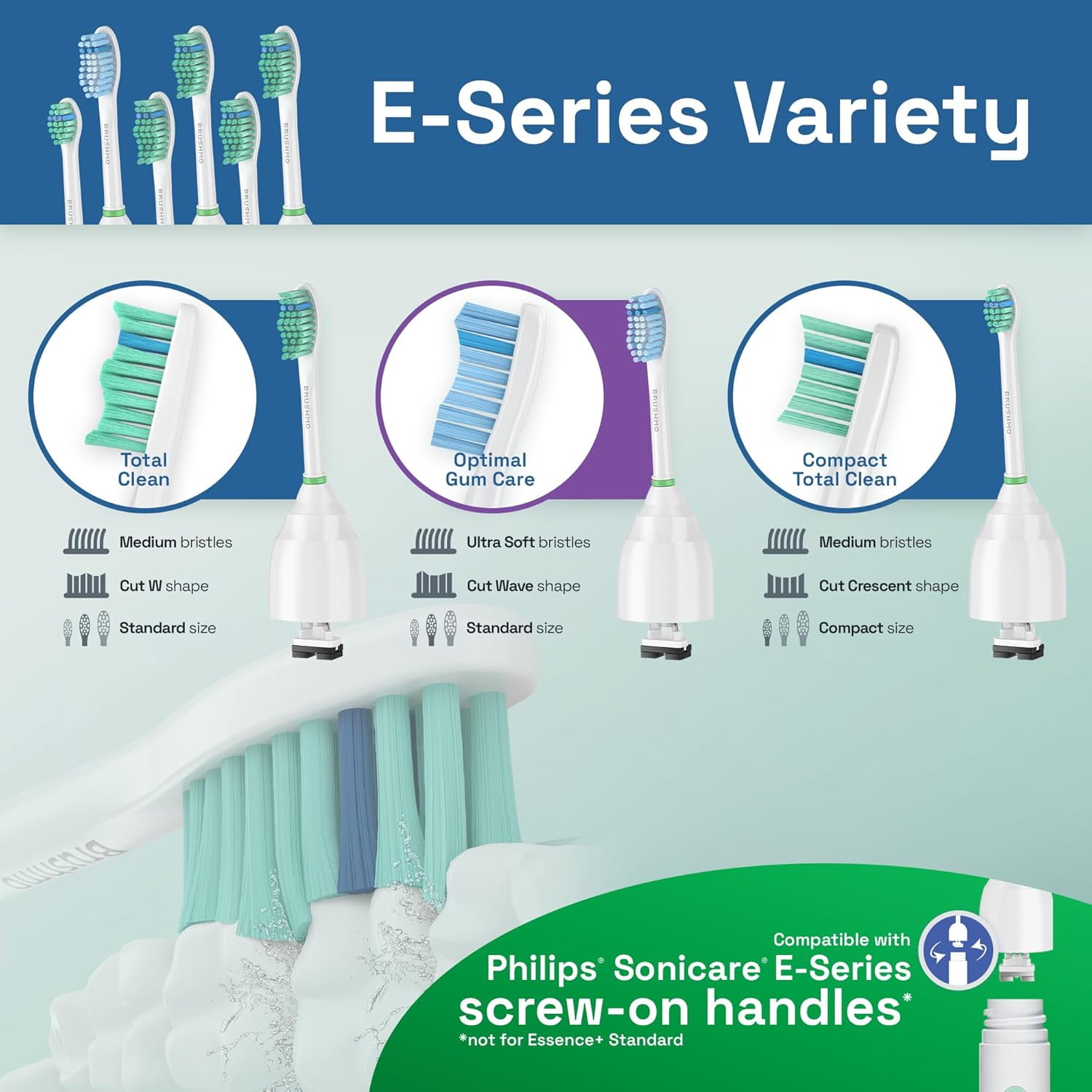 Brushmo e-Series Total Clean Variety Replacement Toothbrush Heads Compatible with Philips Sonicare Screw-on Handles, Medium-Firm Dupont Bristles, BM724+2, 6-Pack, White