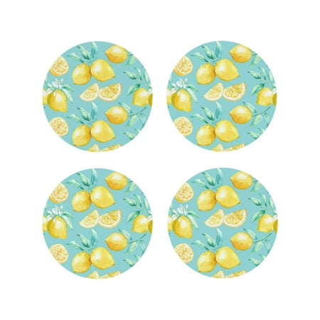 

Leather Coasters Set of 4 - Yellow Lemon Lightweight Non-Slip Drink Coasters for Desk Anti-Scalding Desk Cup Coasters for Office Table Decor Round Shape