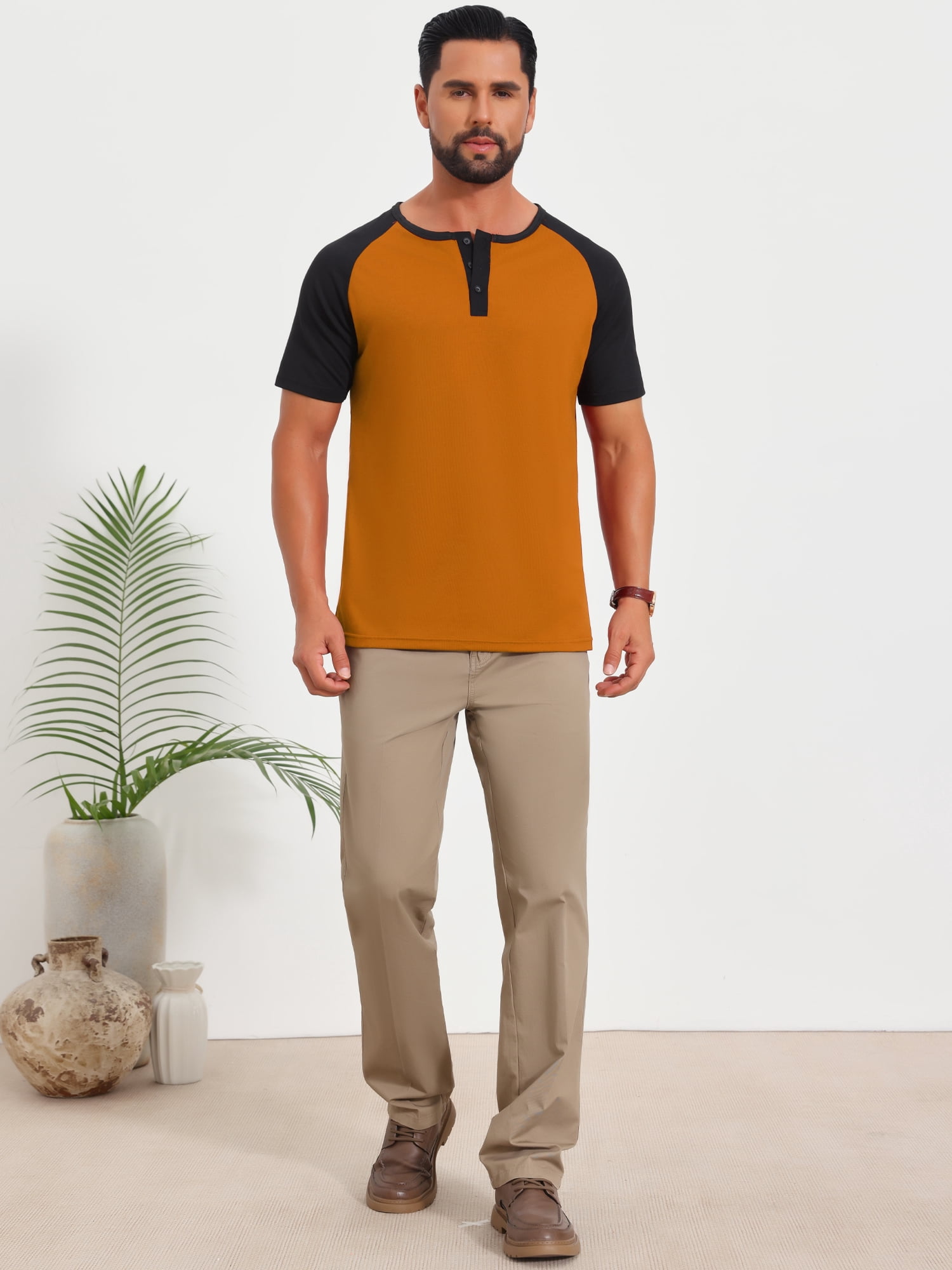 DARING DIVA Men's Henley Button Down Color Block Short Sleeve T-Shirt S Orange
