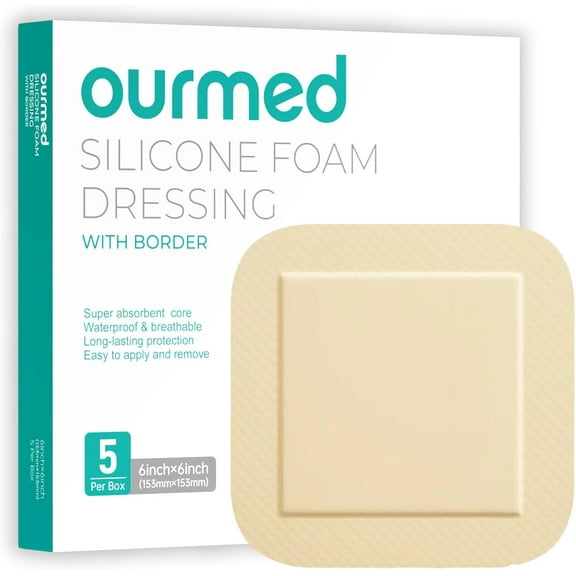 Ourmed Silicone Foam Dressing with Border Large Adhesive Waterproof Bandages, 6"X6", 5 Pieces
