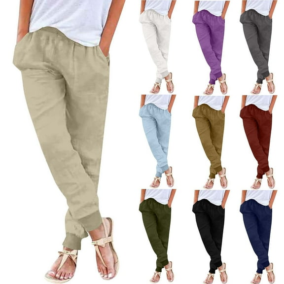 Bmawag Womens Trousers with Pockets Outdoor Running Jogger Pants Elastic Waist Drawstring Casual Loose Fit Solid Color Long Pants for Women Army Green S