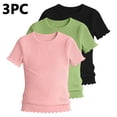 thumbnail image 4 of KyCheLot 3 Pack Ribbed Knit Tops for Girls Crew Neck Solid Color Short Sleeve T-Shirts Trendy Ruffle Trim T-Shirts, 4 of 5