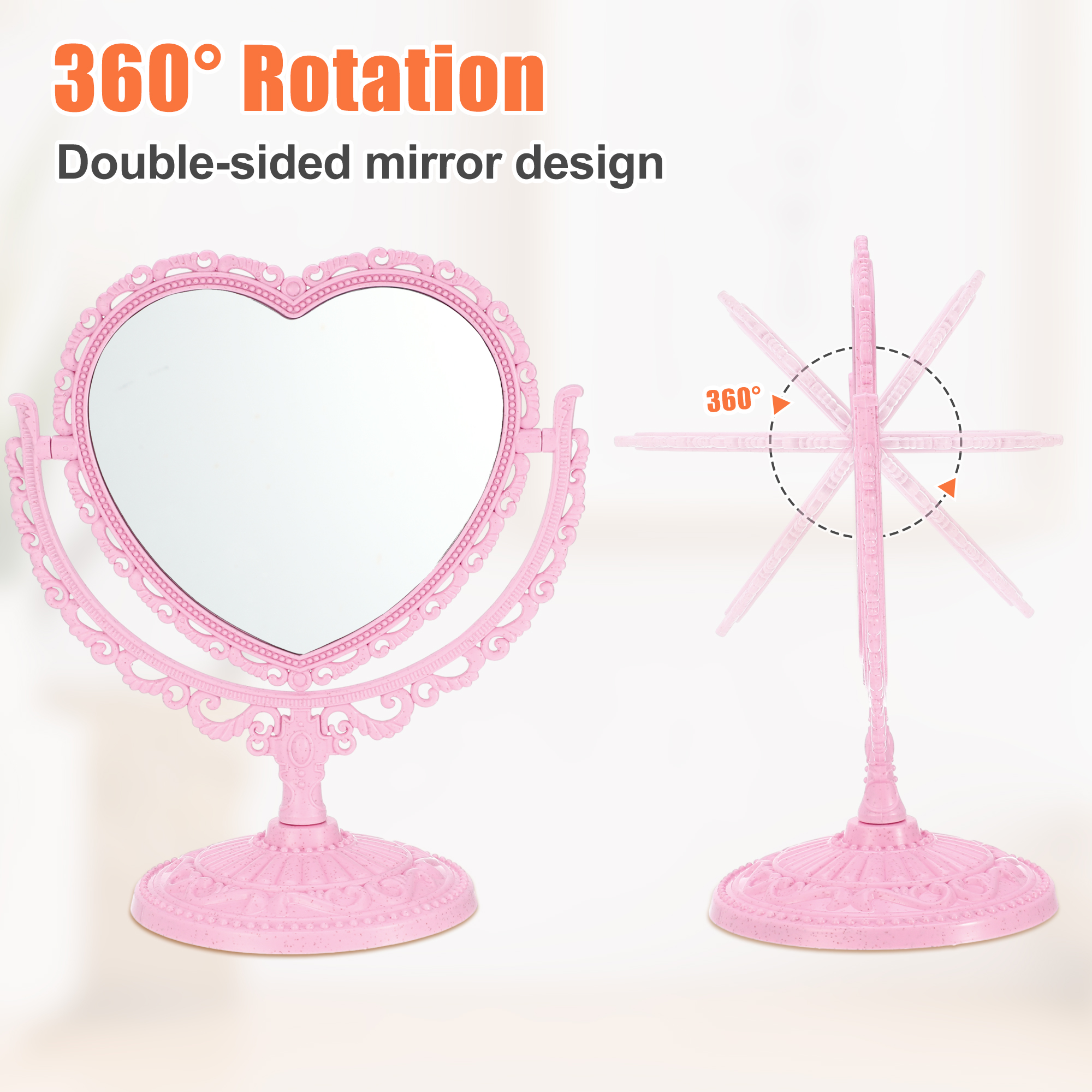 Unique Bargains Love Heart Shaped Double Sided 360° Rotating Makeup Mirror 1 Pc Pink