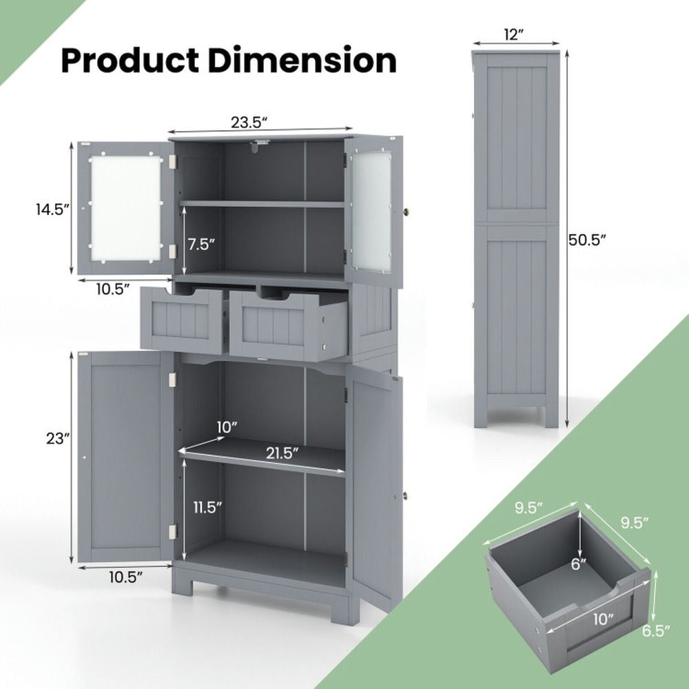 Finihen Bathroom Storage Cabinet, Bathroom Floor Cabinet, 4 Door Freee-Standing Bathroom Cabinet with 2 Drawers and Glass Doors, for Bathroom, Living Room, Bedroom, Kitchen, Gray Finihen Bathroom Storage Cabinet, Bathroom Floor Cabinet, 4 Door Freee-Standing Bathroom Cabinet with 2 Drawers and Glass Doors, for Bathroom, Living Room, Bedroom, Kitchen, Gray