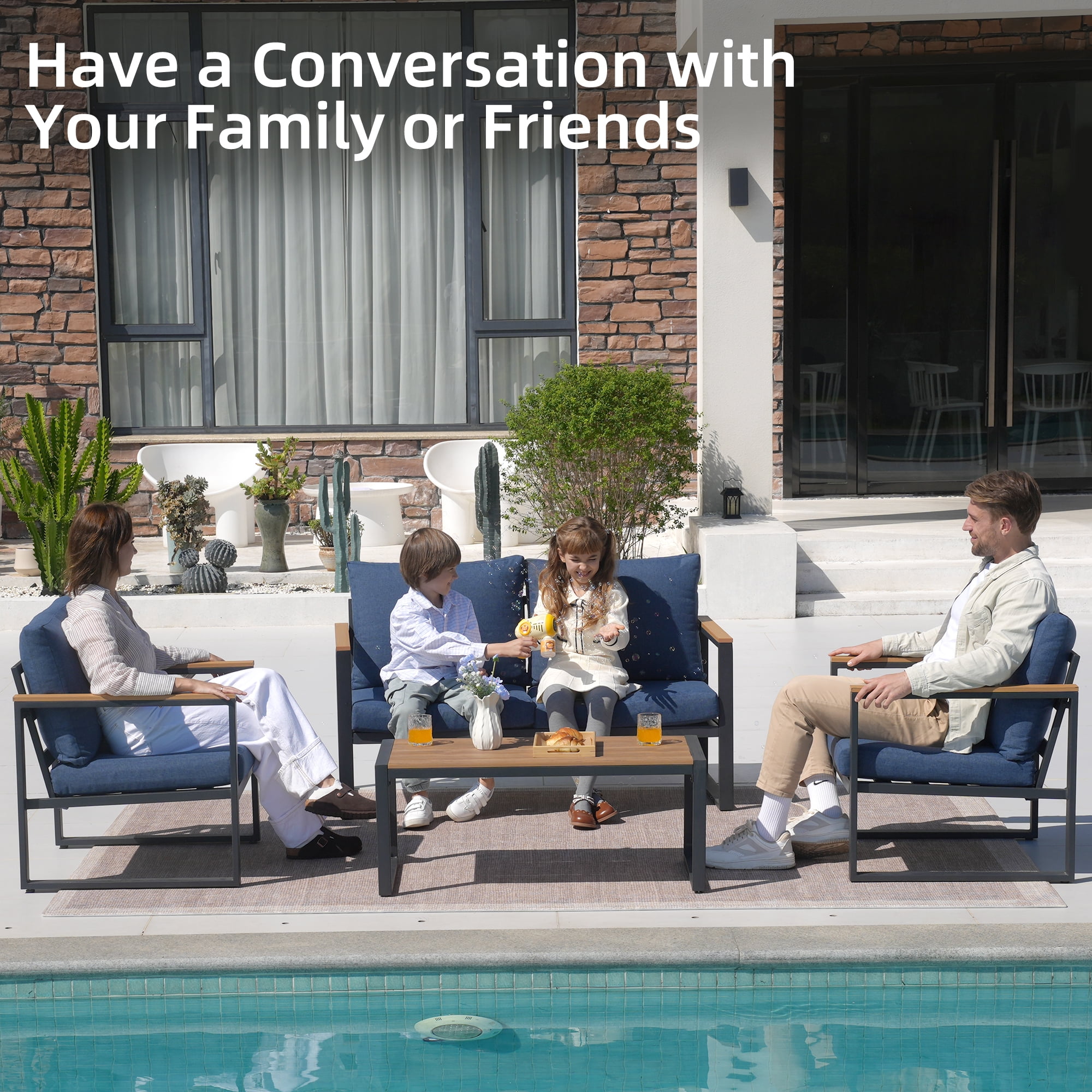 COMLAX FIELD 4-Piece Patio Furniture Set, Metal Outdoor Conversation Set with Coffee Table & Removable Cushions