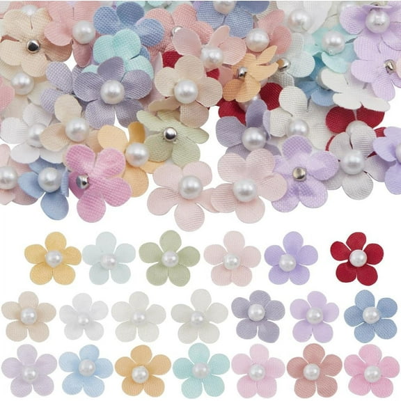 100Pcs 20 Colors Mini Satin Flowers with Faux Pearls Tiny Fabric Sew on Flower Applique Ribbon Embellishment Supplies