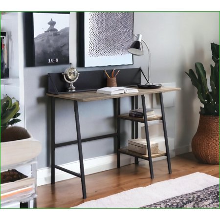 Desks Rustic Oak & Black Industrial 2-Shelf Writing Desk with H-Shaped Base & Phone Holder | 30 H x 43 W x 20 D | Oak Particle Board+MDF
