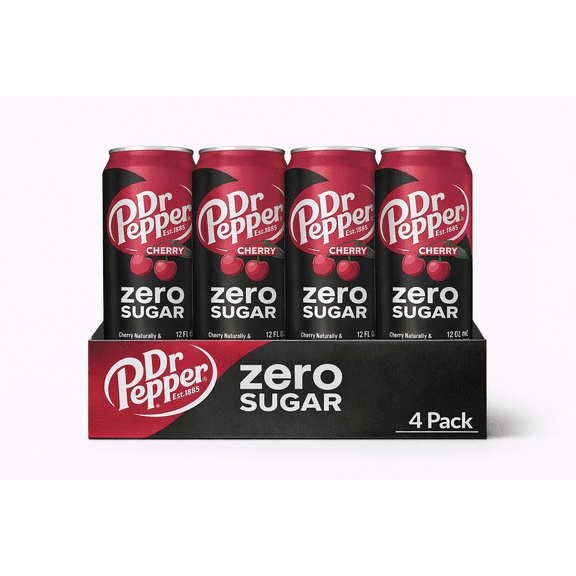 Dr Pepper Cherry Zero Sugar Soda – 4 Pack, 12 fl oz Cans  Zero Sugar Cherry-Flavored Soft Drink