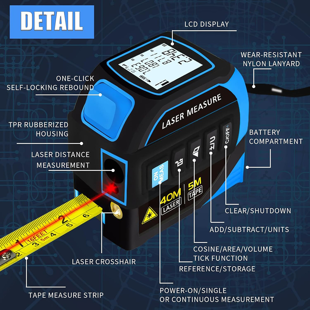 4-in-1 Laser Tape Measure, 135-foot laser measurement & 16-foot manual measurement, digital rangefinder with laser crosshairs, featuring distance/area/Pythagorean theorem/volume measurement functions