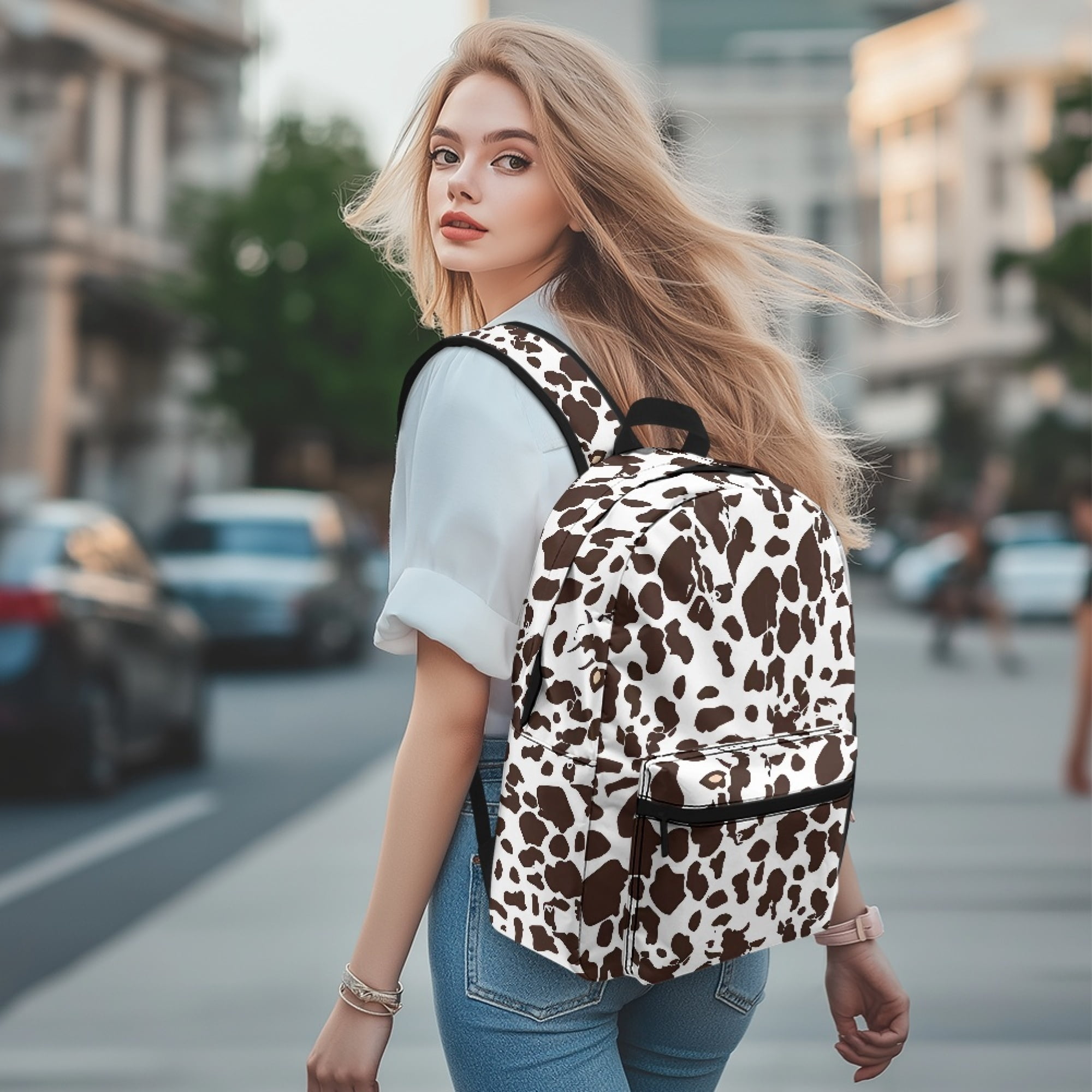 Uourmeti Trendy Casual Backpack with Cow Print Pattern - Durable Daily Backpack for School Travel and Outdoor Hiking