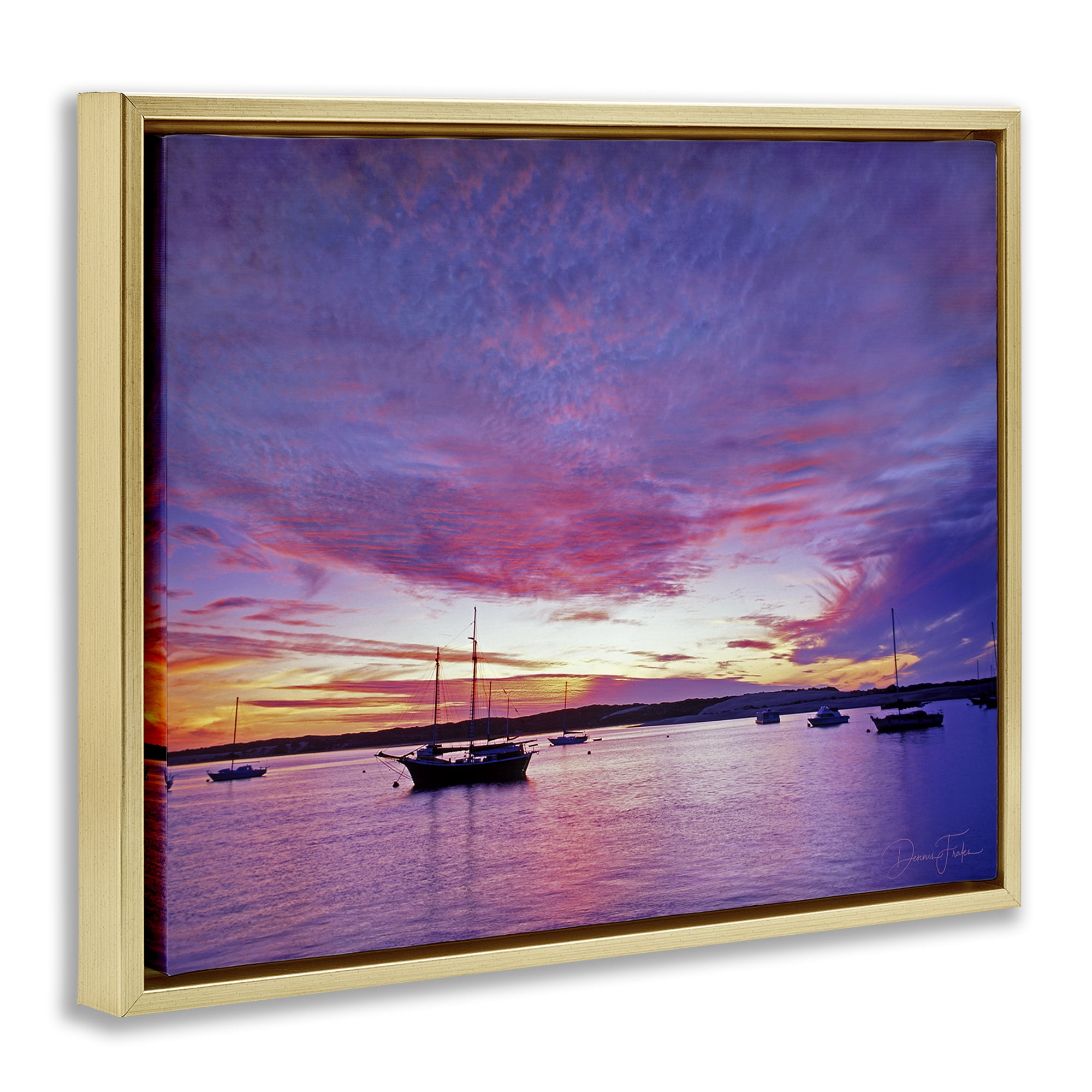 Stupell Industries Distant Boats at Sunset Transportation Photography Gold Floater Framed Canvas Art Print Wall Art, 21 x 17