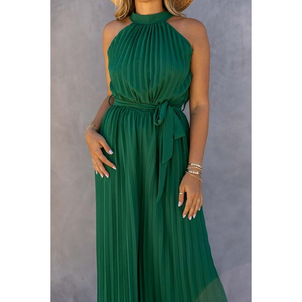 Women s Green Halter Neck Pleated Wide Leg Jumpsuit with Belt