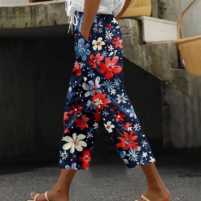 LSLJS Pantalon Harlan Décontracté pour Femmes avec Cordon de Serrage, Poches, Imprimé à la Mode, Vêtements d'Été
