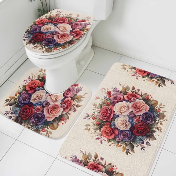 Red Rose Bathroom Rugs Set Spring Pink Purple Flower Floral Watercolor Linen Texture Non Slip Absorbent Soft Bath Mats 3 Piece Set with Bathroom Rug, U-Shaped Floor Mat, Toilet Seat Cover Large Size