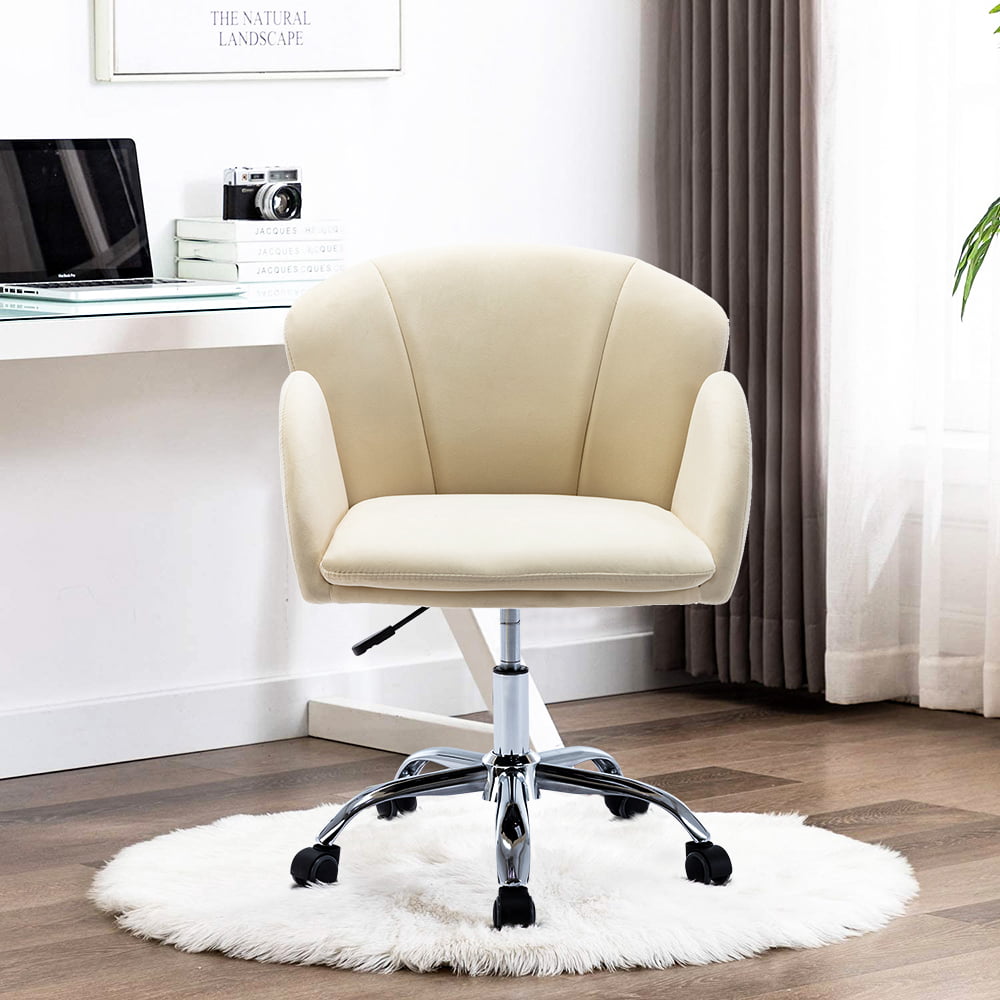 Desk Chair for Girls, Ivory Velvet Home Office Chair on Wheels, Modern