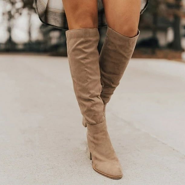 Suede Knee High Boots Ladies Pointed Toe Tall Shoe Vintage Boot