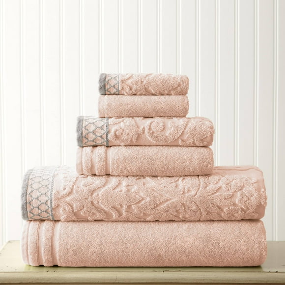 Amrapur Overseas 6-Piece Damask Jacquard/Solid Ultra Soft 550GSM 100% Combed Cotton Towel Set with Embellished Borders [Peach]