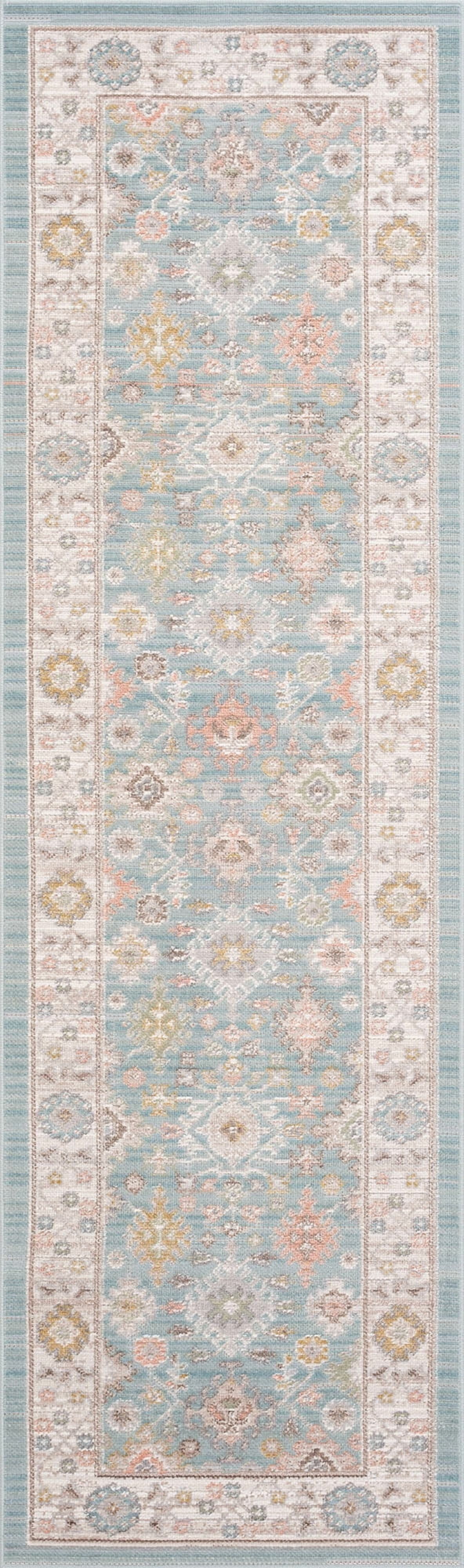Crestwood Traditional Oriental 2x8 Aqua and Sage Polyester Indoor Runner Rug, 2'3'' x 7'7''