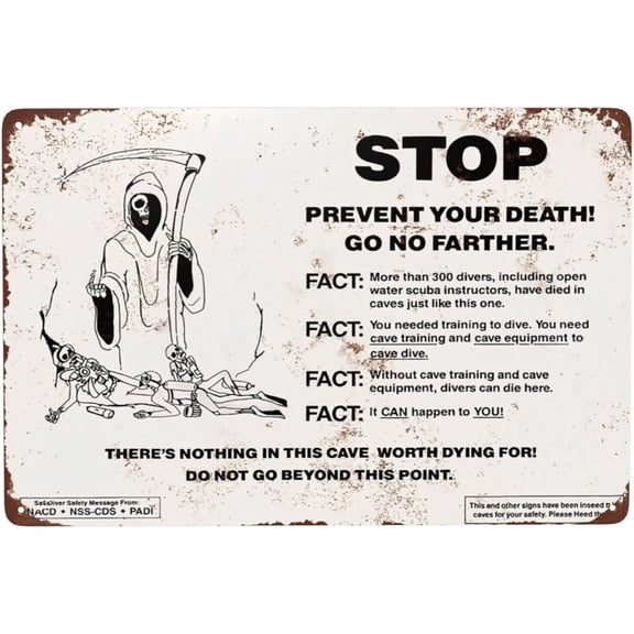 Cave Diving Warning Reproduction Metal Sign 8 x 12