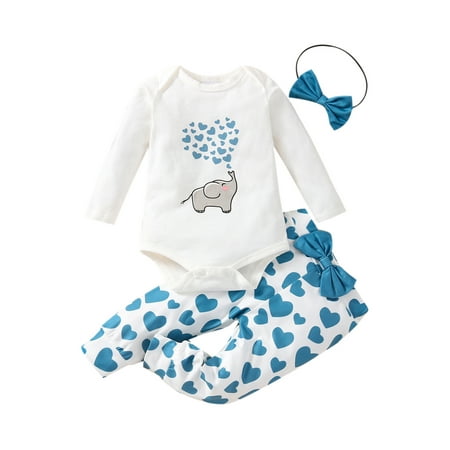 

Newborn Girl Valentine s Day Romeper Long Sleeve Cartoon Elephant Pullover + Heart Print Long Pants + Headband