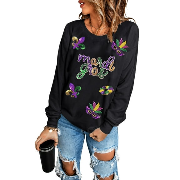 Women's Black Sequin Fleur de Lis Graphic Pullover Sweatshirt for Mardi Gras - [ZhiHiMeRi] | (US 20-22)2XL
