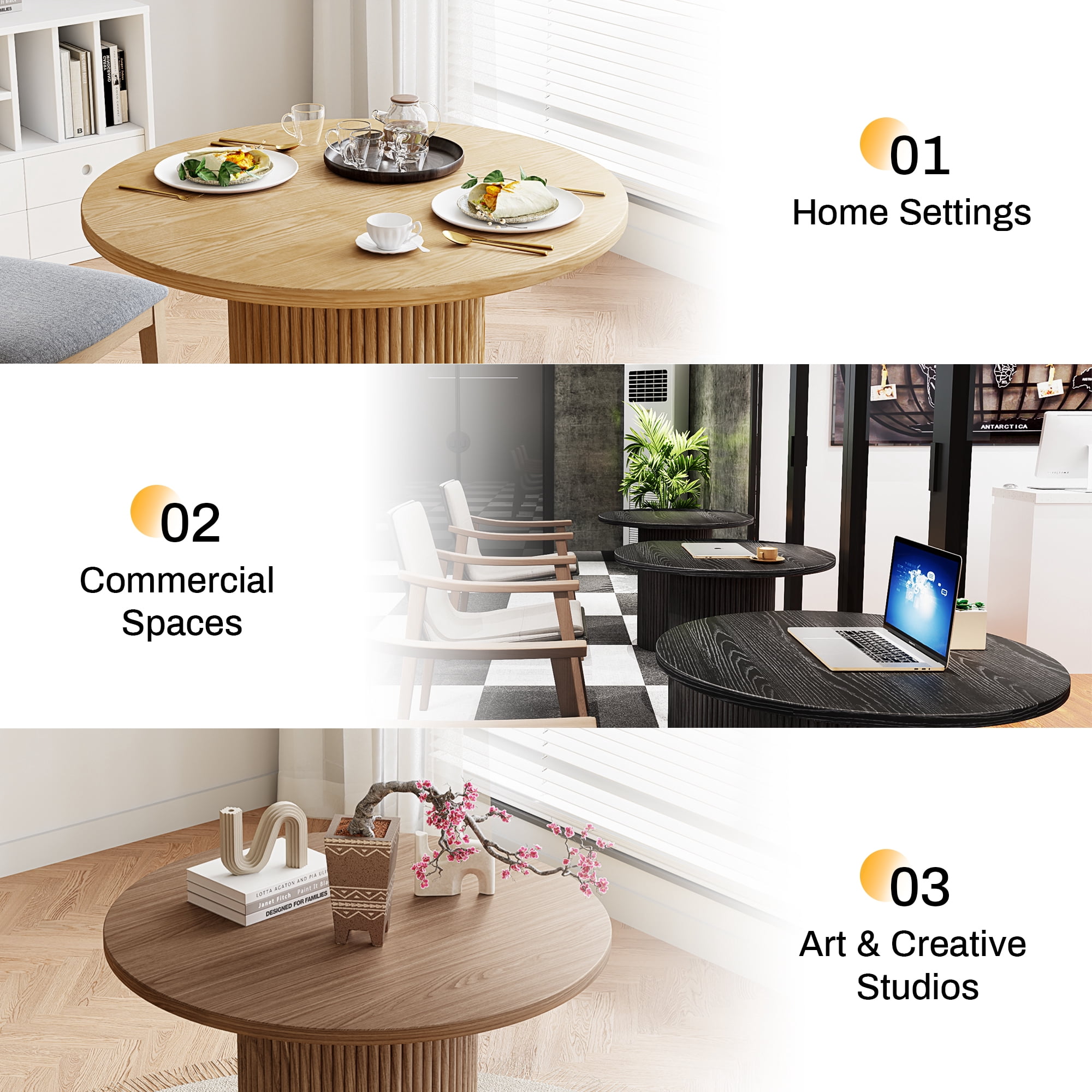 Rophefx 41.7" Solid Wood Round Dining Table with Handcrafted Relief Pedestal,Circle Dining Table,Black
