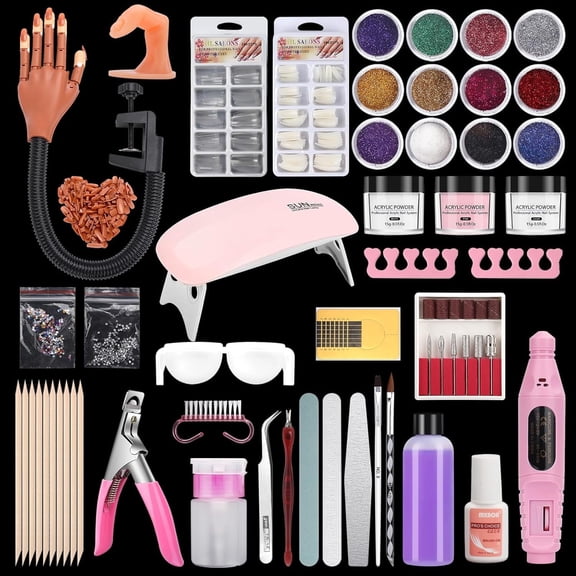 Flexible Acrylic Nail Practice Hand with Movable Fingers - Complete Training Kit for Beginners (Includes Nail Drill, UV Dryer, 12-Color Acrylic Powder & Tools)