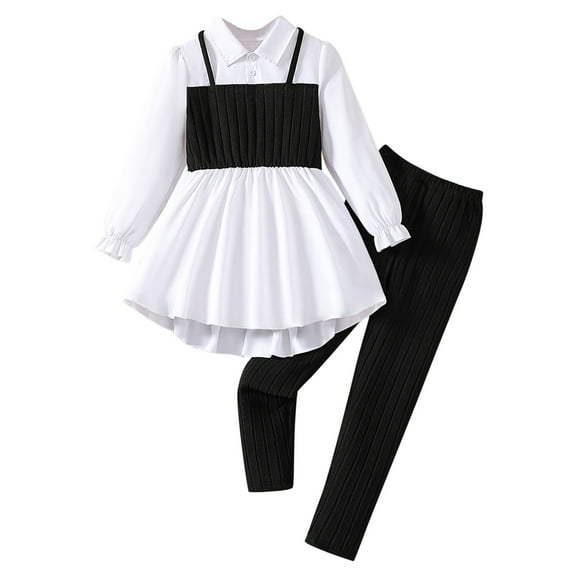Girls 2 Piece Oufits Cute Lapel Collar Button Down Long Sleeve Peplum Shirts & Pants Fall Winter Clothes for 3-10 Years