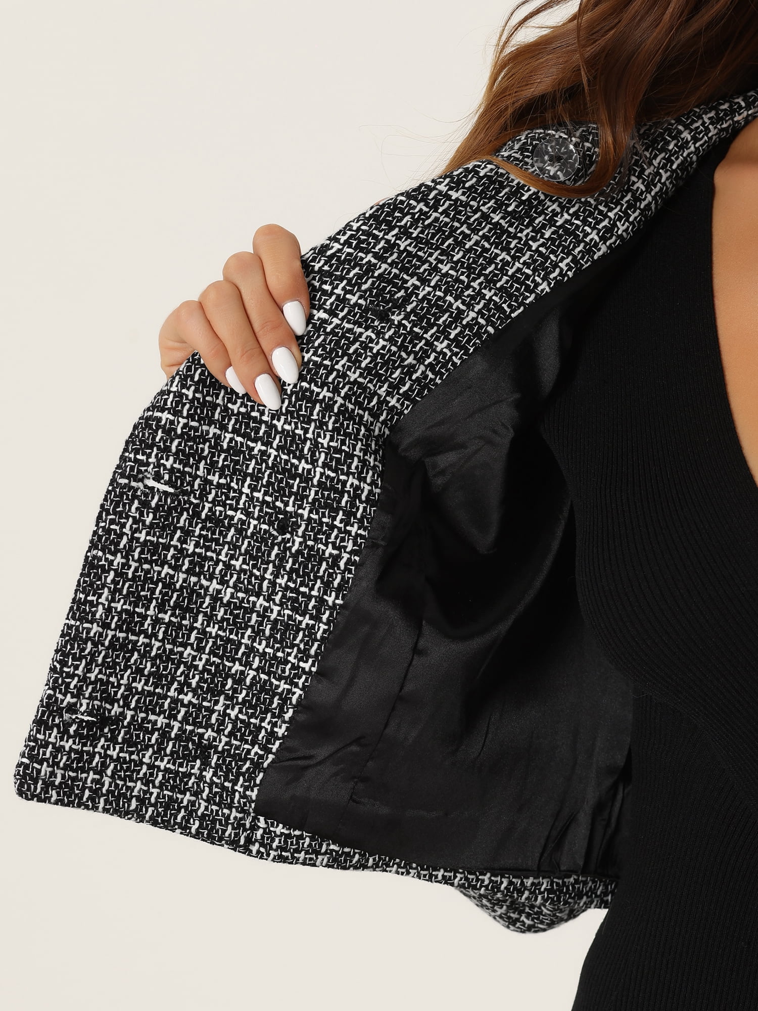 DARING DIVA Women's Lapel Collar Vintage Plaid Tweed Cropped Jackets Blazer Black XS