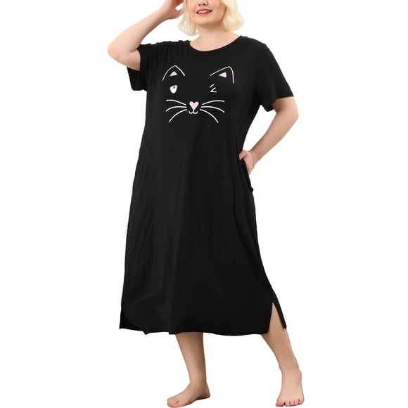 Women's Plus Size Nightgown Cat Print with Pocket Sleep Dress Sleepwear Black 4X